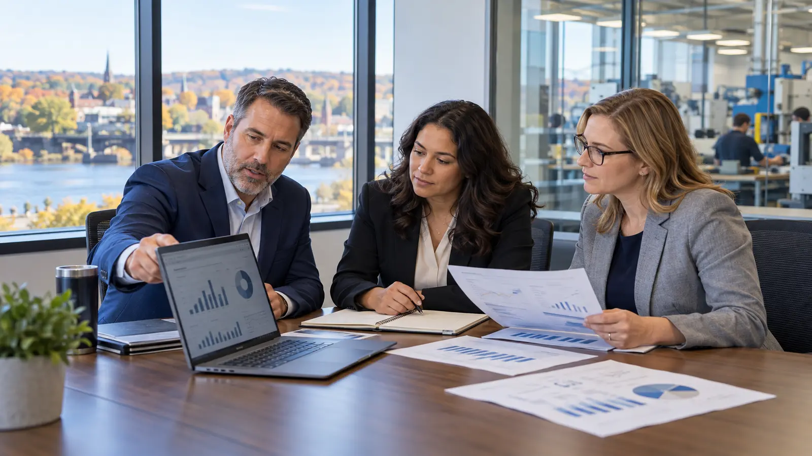 Connecticut finance leaders and a recruiter reviewing accounting data and a hiring plan
