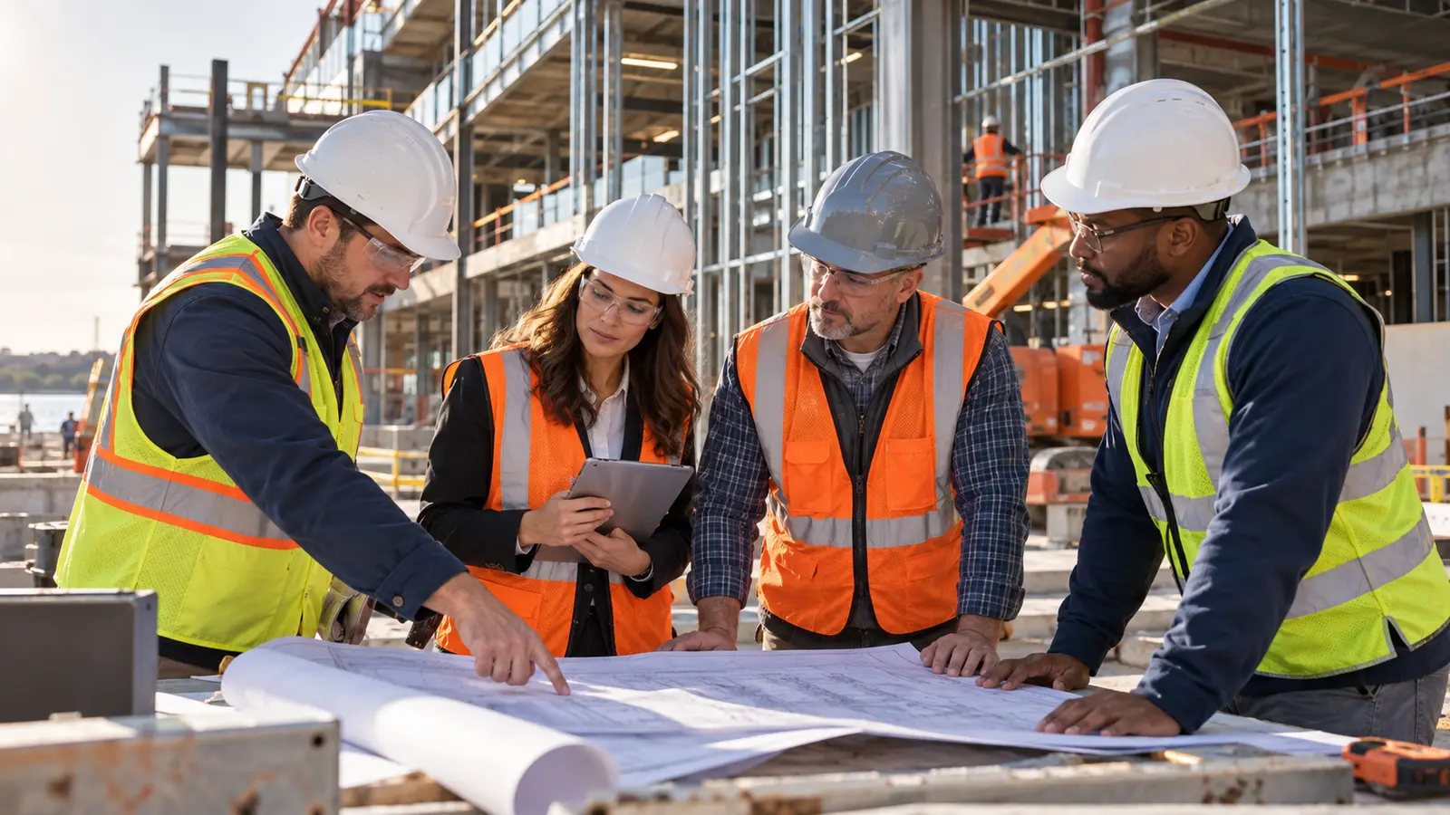 Connecticut construction leaders and a recruiter reviewing project plans at an active commercial jobsite