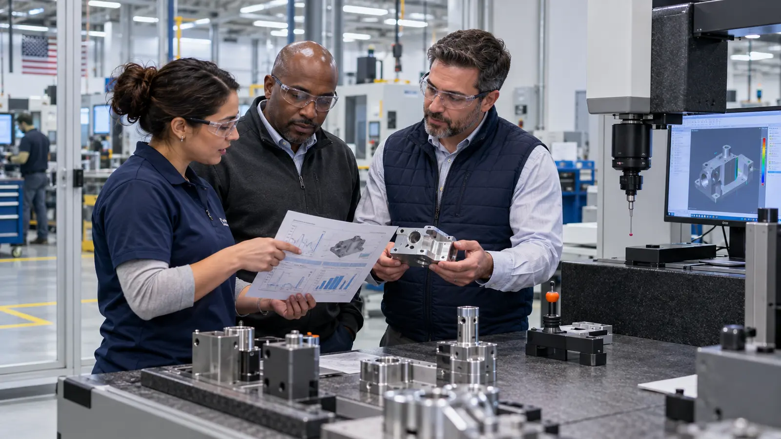 Connecticut quality engineer, manufacturing leader, and recruiter reviewing an inspection report beside a coordinate-measuring machine